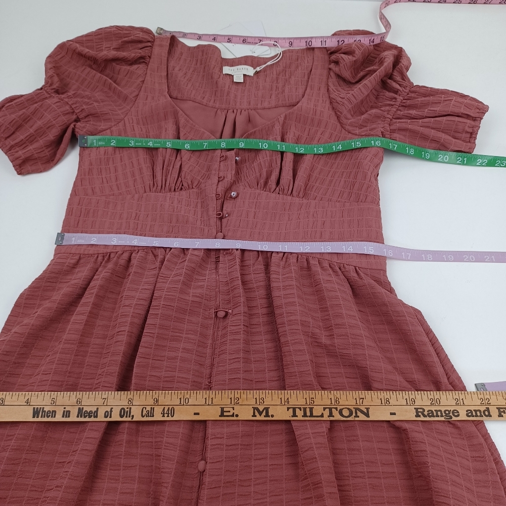 Ted Baker Angeia Midi Dress Size 3 US 8 Puff Sleeve Seersucker Feminine Defect - Picture 13 of 15